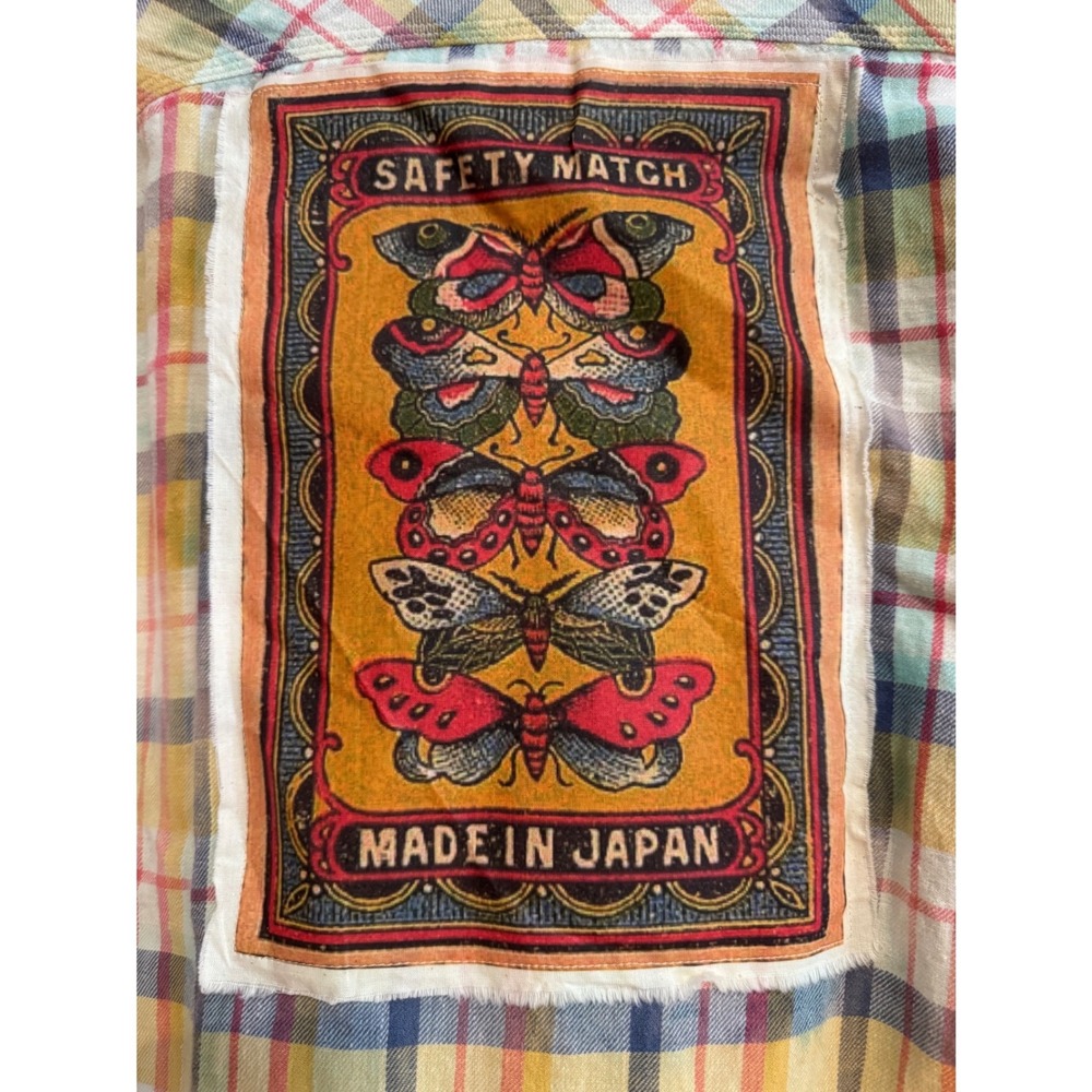 Plaid Button-Up Flannel‎ Shirt w/ Vintage Safety Match Moth Patch Mens size M